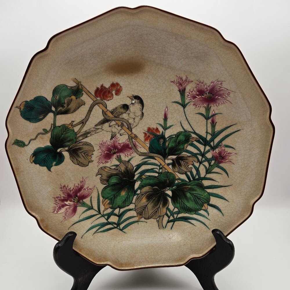TOYO Kutani/Satsuma Hand-Painted Bird & Floral Plate–Japan–12" Decorative Plate
